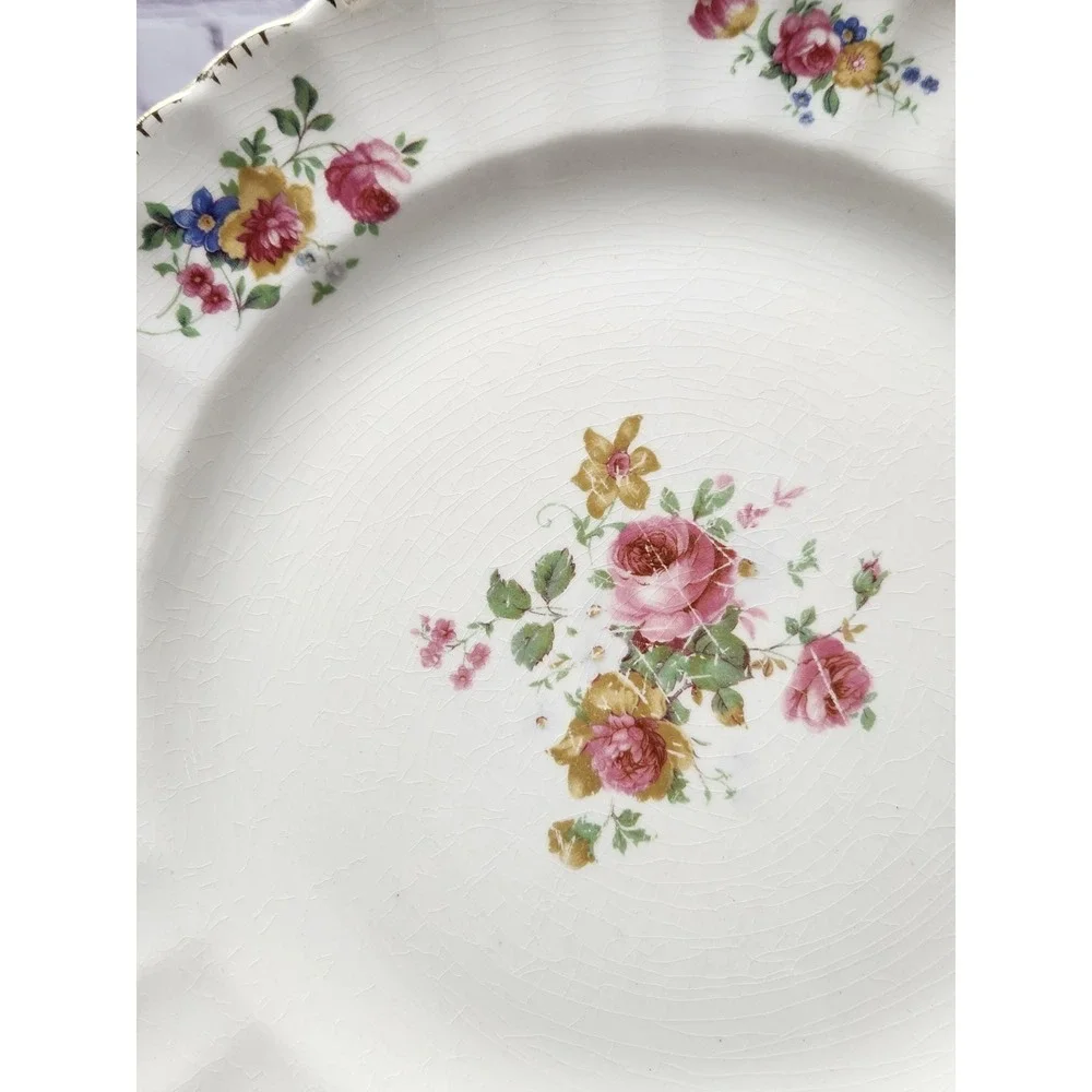 VTG Made In USA Limoges English Rose Pattern Set Of 5 Dinner Plates 22kt Gold